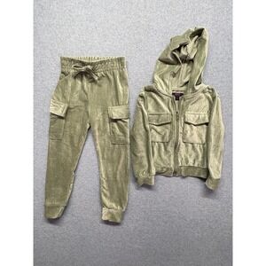 NYC Girls 4T Sage Green Ribbed Velour Tracksuit‎ Zip Hoodie Cargo Joggers Set